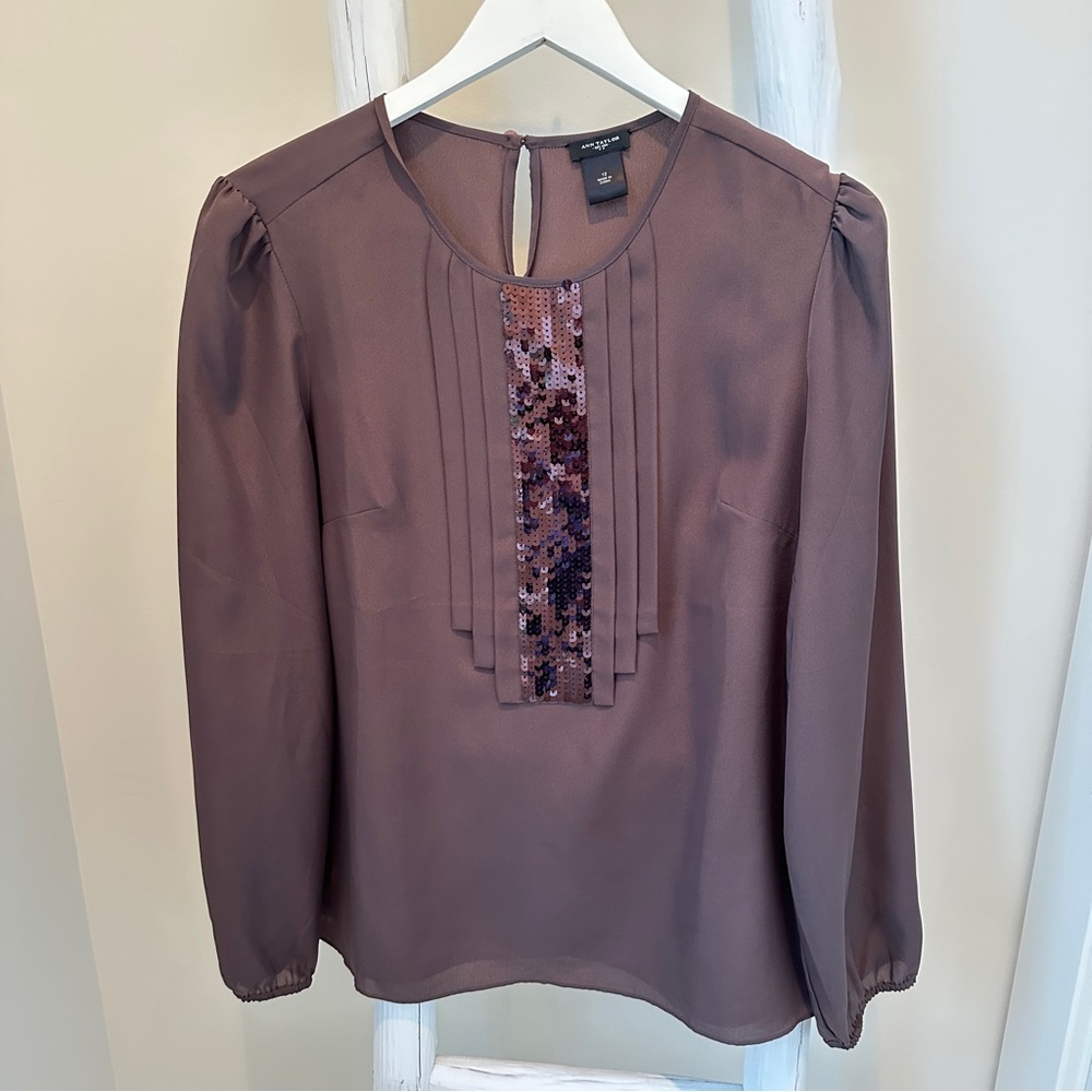 Ann Taylor Brown Front Pleat and Sequin Long Sleeve Blouse Size 12